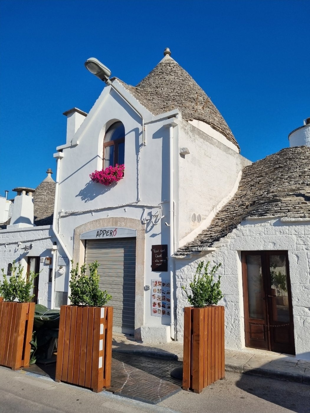 Alberobello: a trullo and blooming bougainvillea in the morning sun.