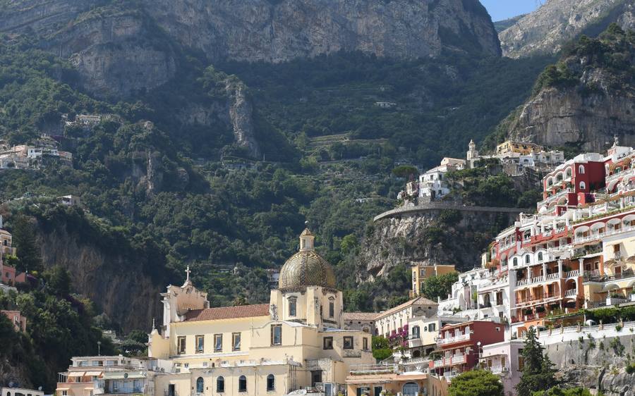 Amalfi Coast: the houses of Positano on the slope, and the church dome.