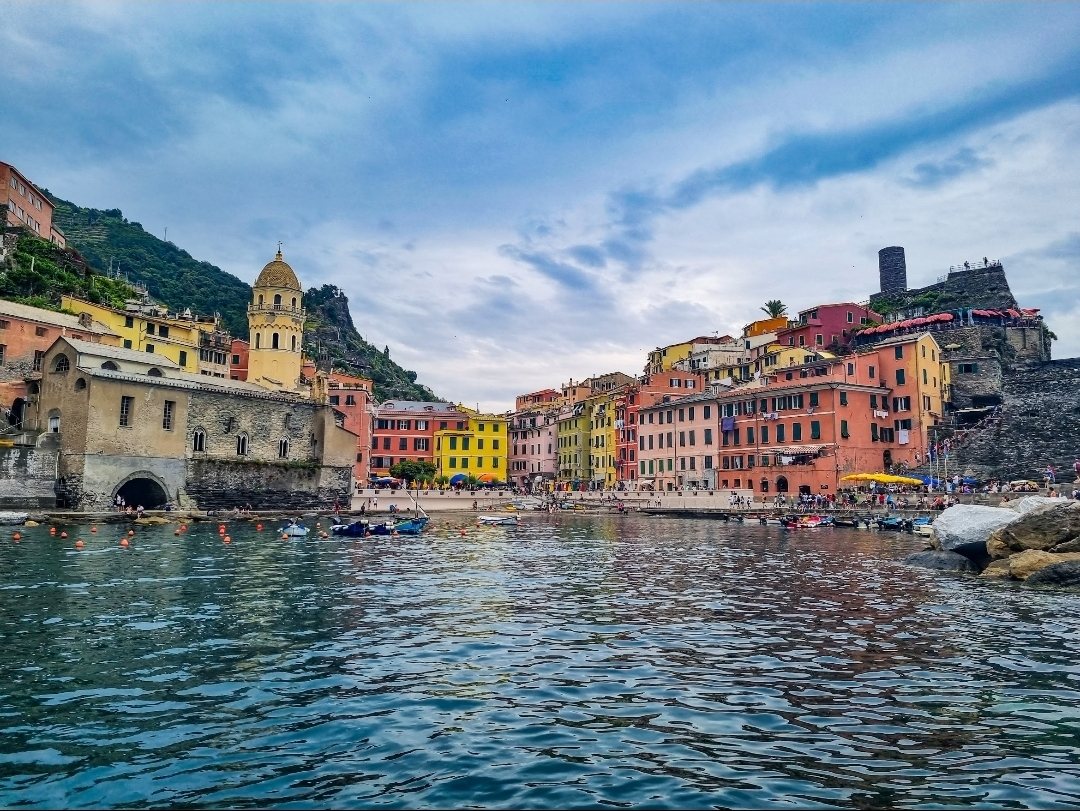 Vernazza’s harbor and watchtower seen from the sea