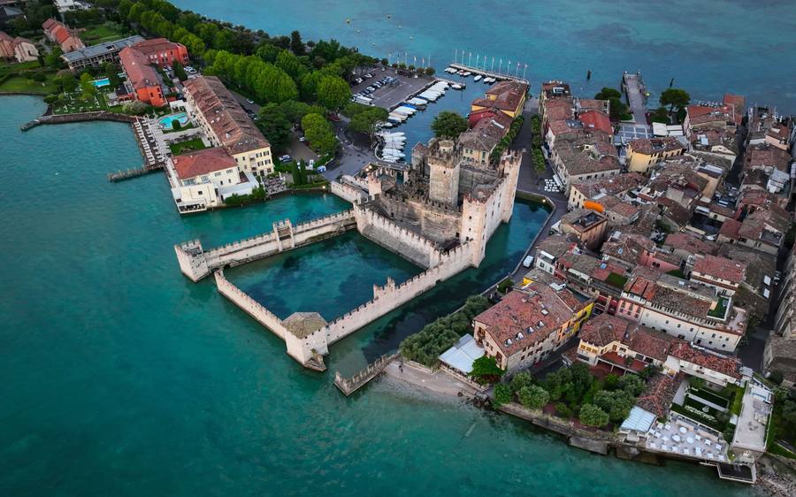 Sirmione: the Scaligero water castle and the old town from above.
