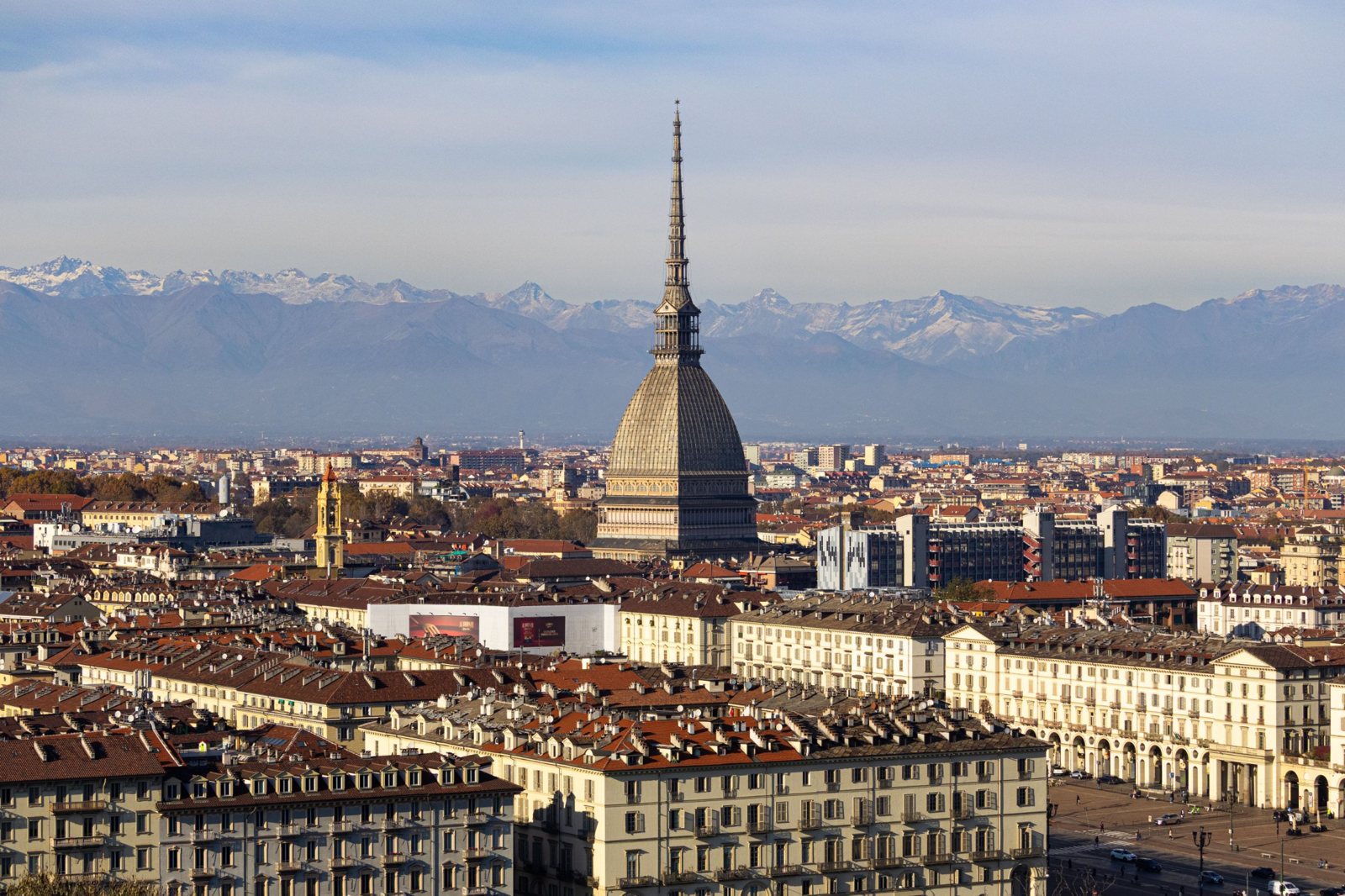 Turin: the Mole Antonelliana and the snowy Alps from the Monte dei Cappuccini lookout.