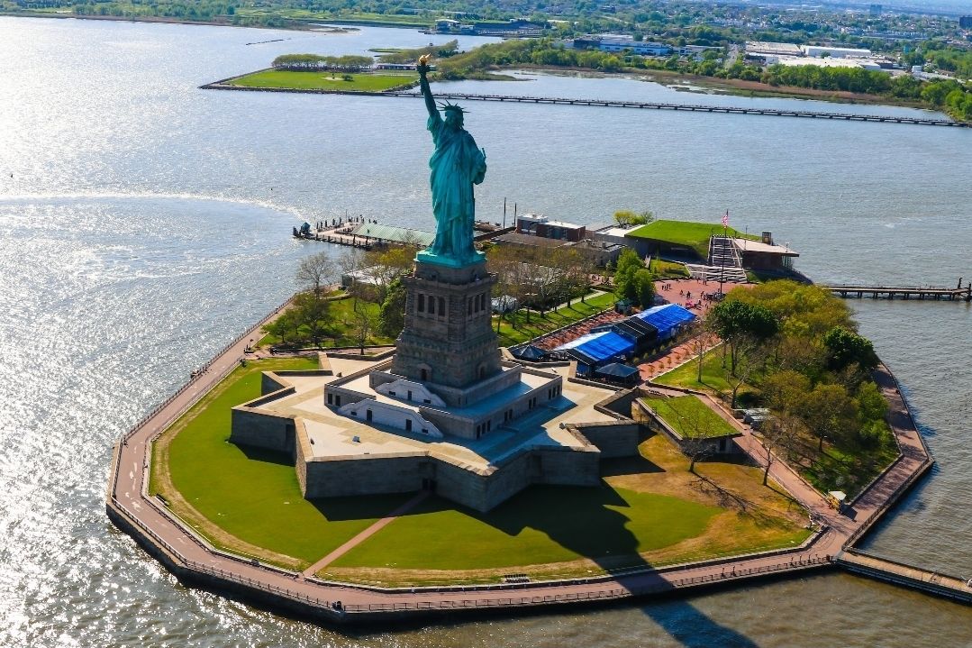 The Statue of Liberty seen from a helicopter